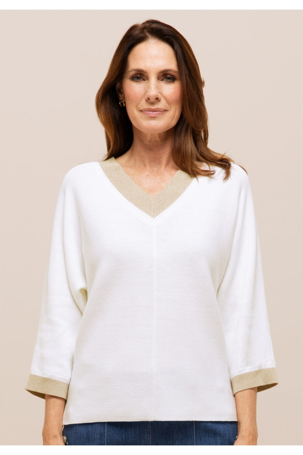 Front view of Bianca 78005 Dita Strick Ivory Jumper by bianca with contrast trim, shop bianca at Dotique