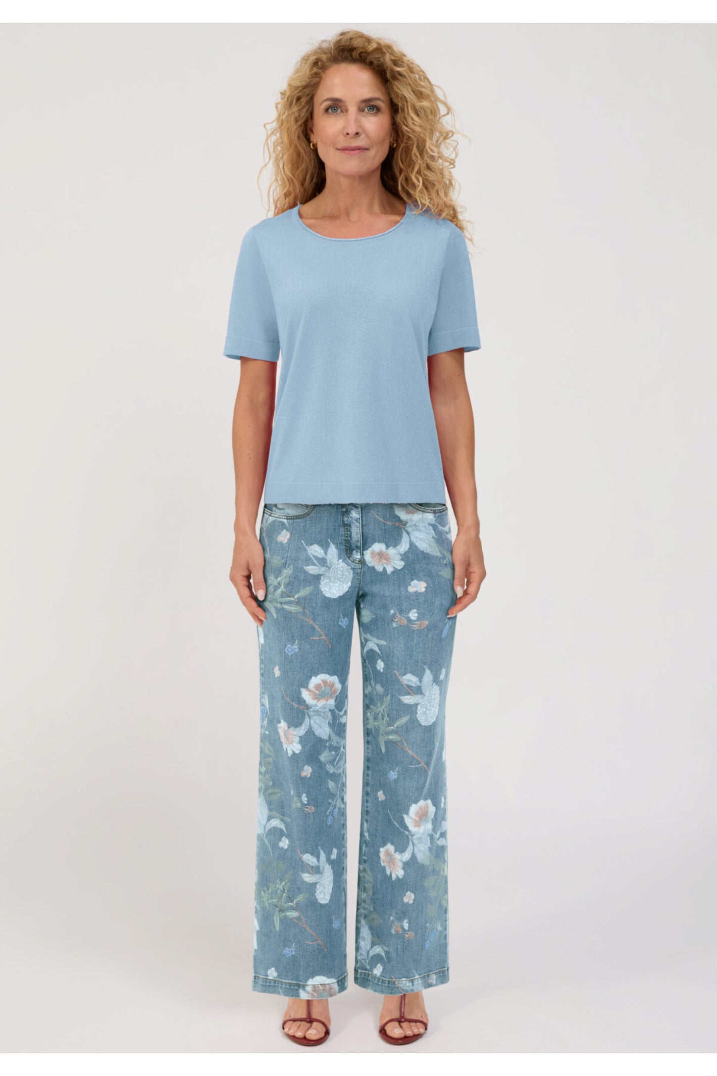 Model wearing Bianca 78029 Rabea Fine Knit Top Seaside Blue by bianca, shop bianca at Dotique in front view