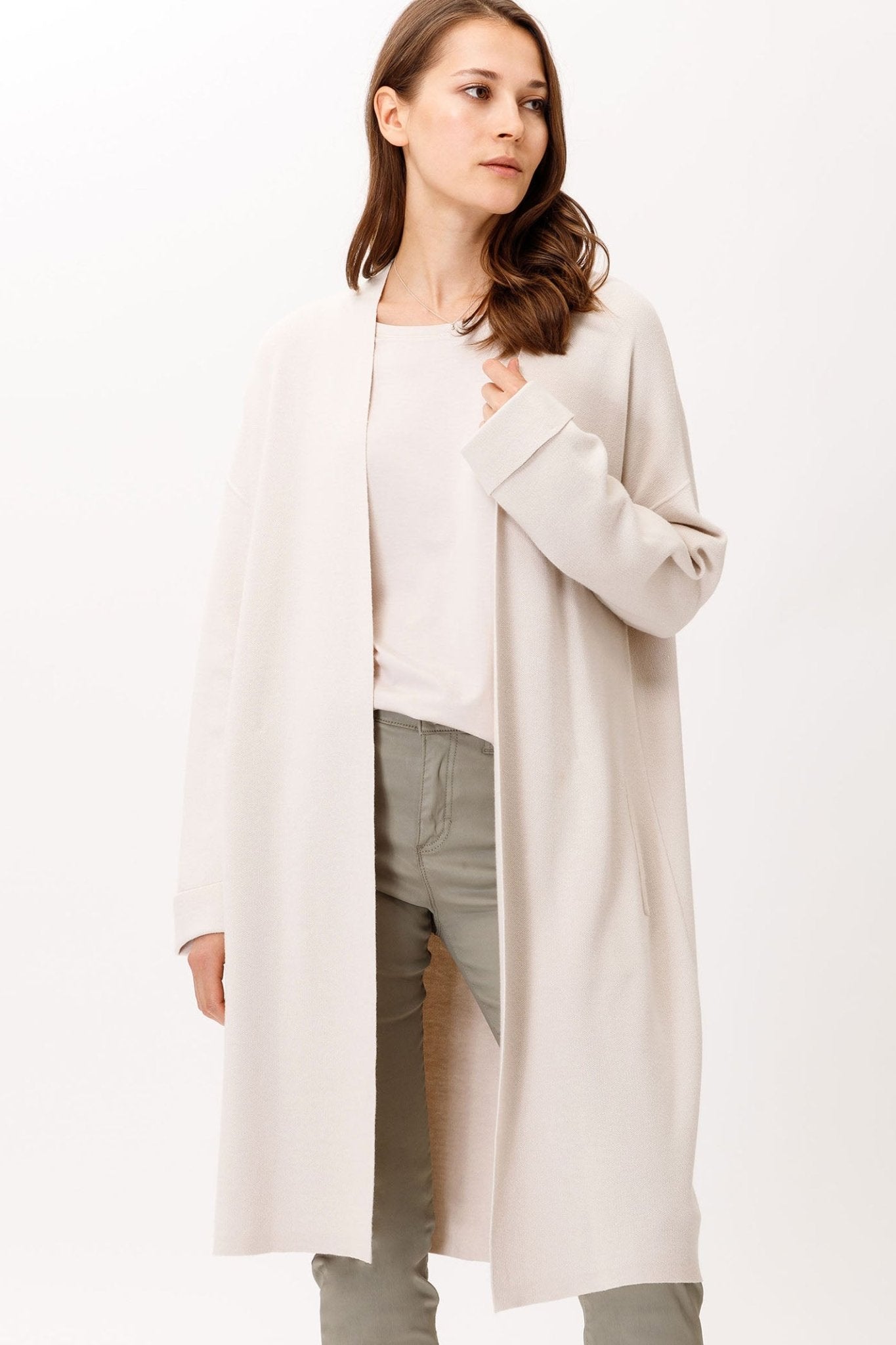 Brax Amanda 39-4004 59 Beige Open Front Knitted Coat Cardigan - Dotique Chesterfield