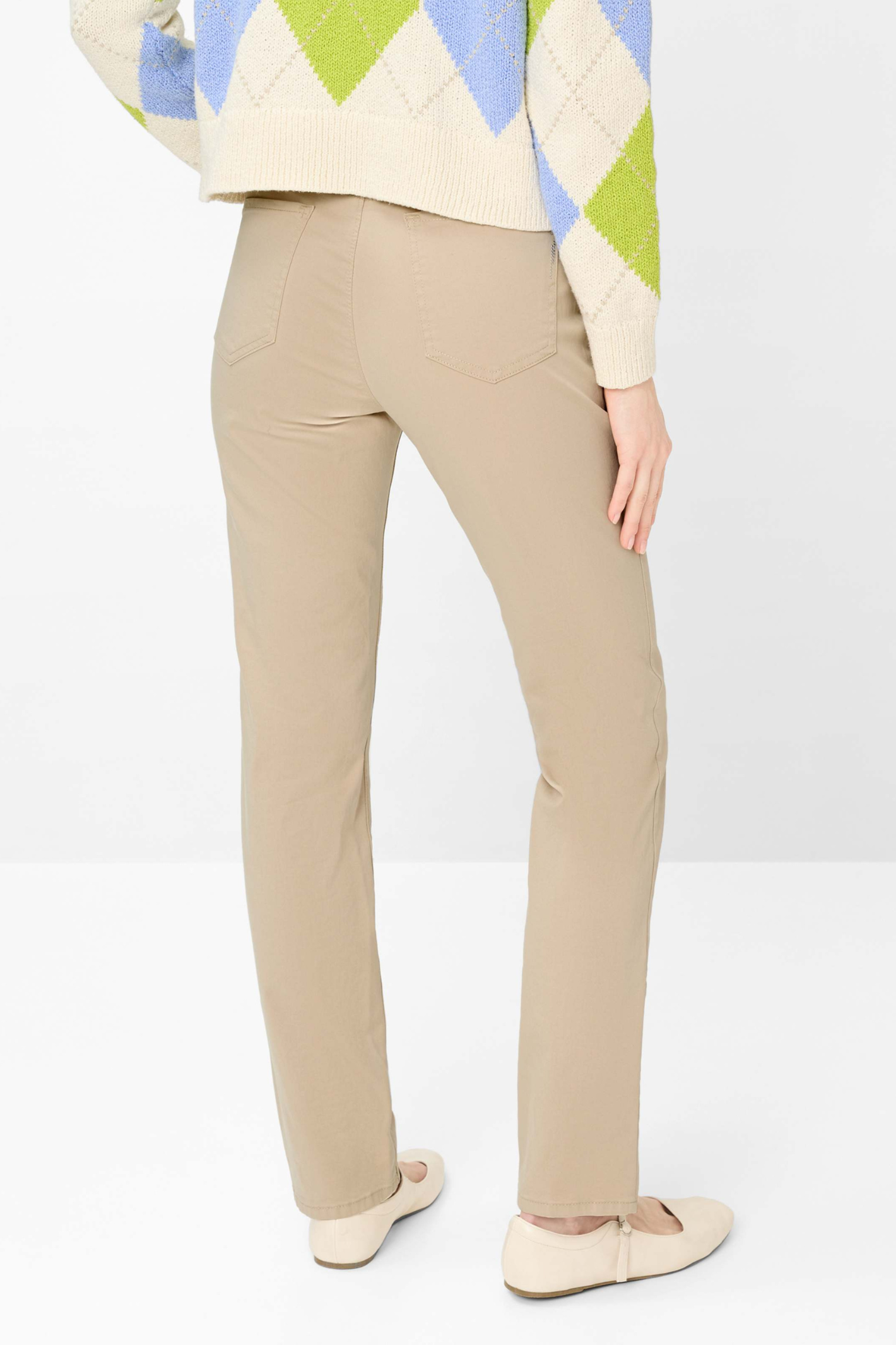 Brax Mary Straight Leg Trousers Sand 9870920 91452 56 by Brax modeled from behind, shop Brax at Dotique
