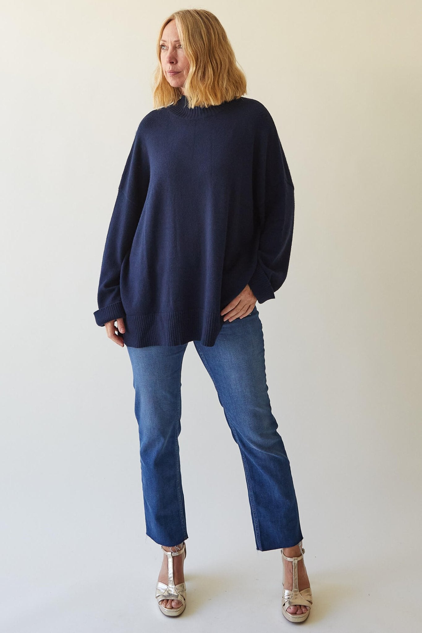 Chalk Lyndsey Navy Relaxed Fit Funnel Neck Jumper - Dotique Chesterfield