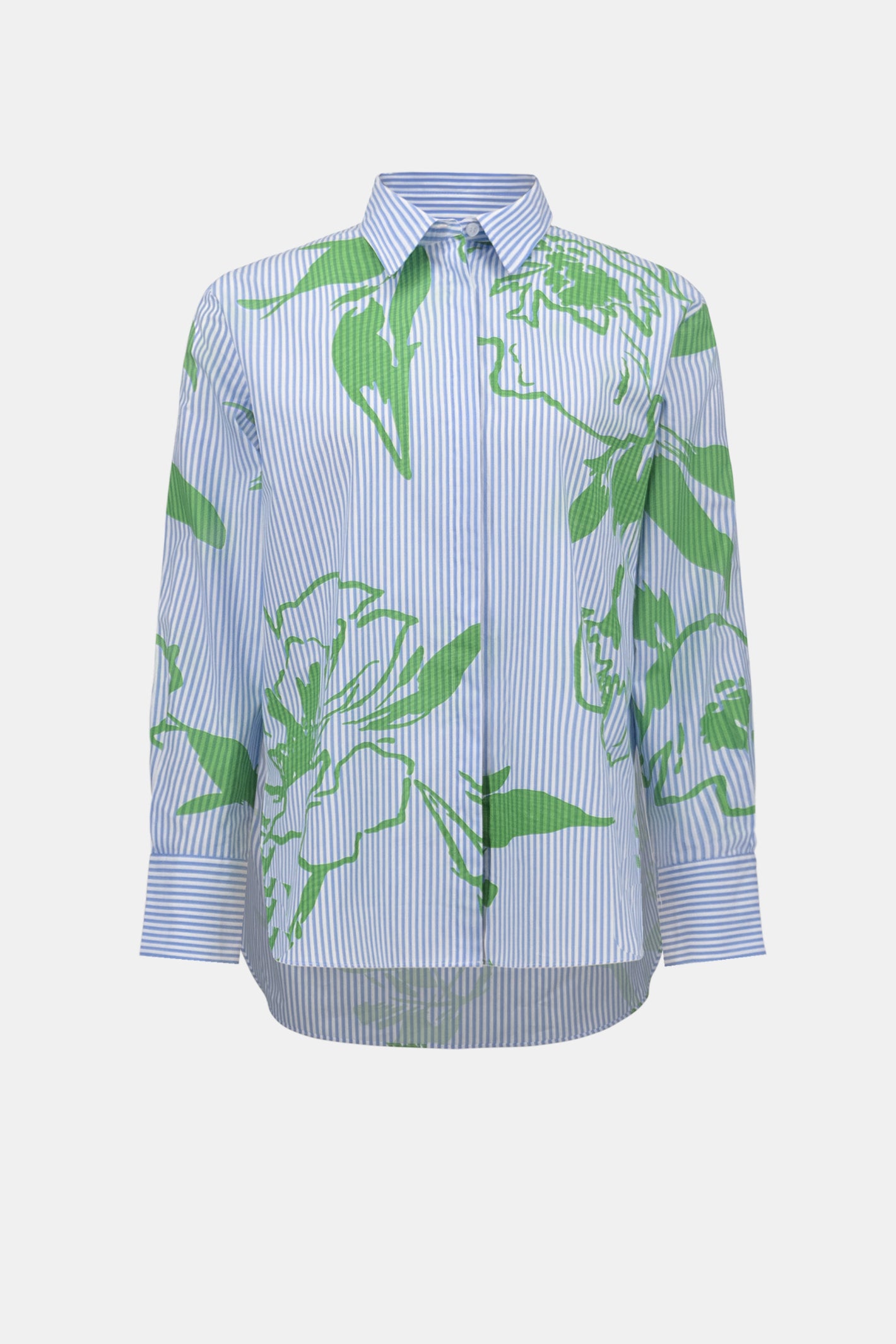 Joseph Ribkoff Cotton Stripe Floral Print Boxy Blouse 262951 in blue and white stripes with green floral design by Joseph Ribkoff, shop Joseph Ribkoff at Dotique.