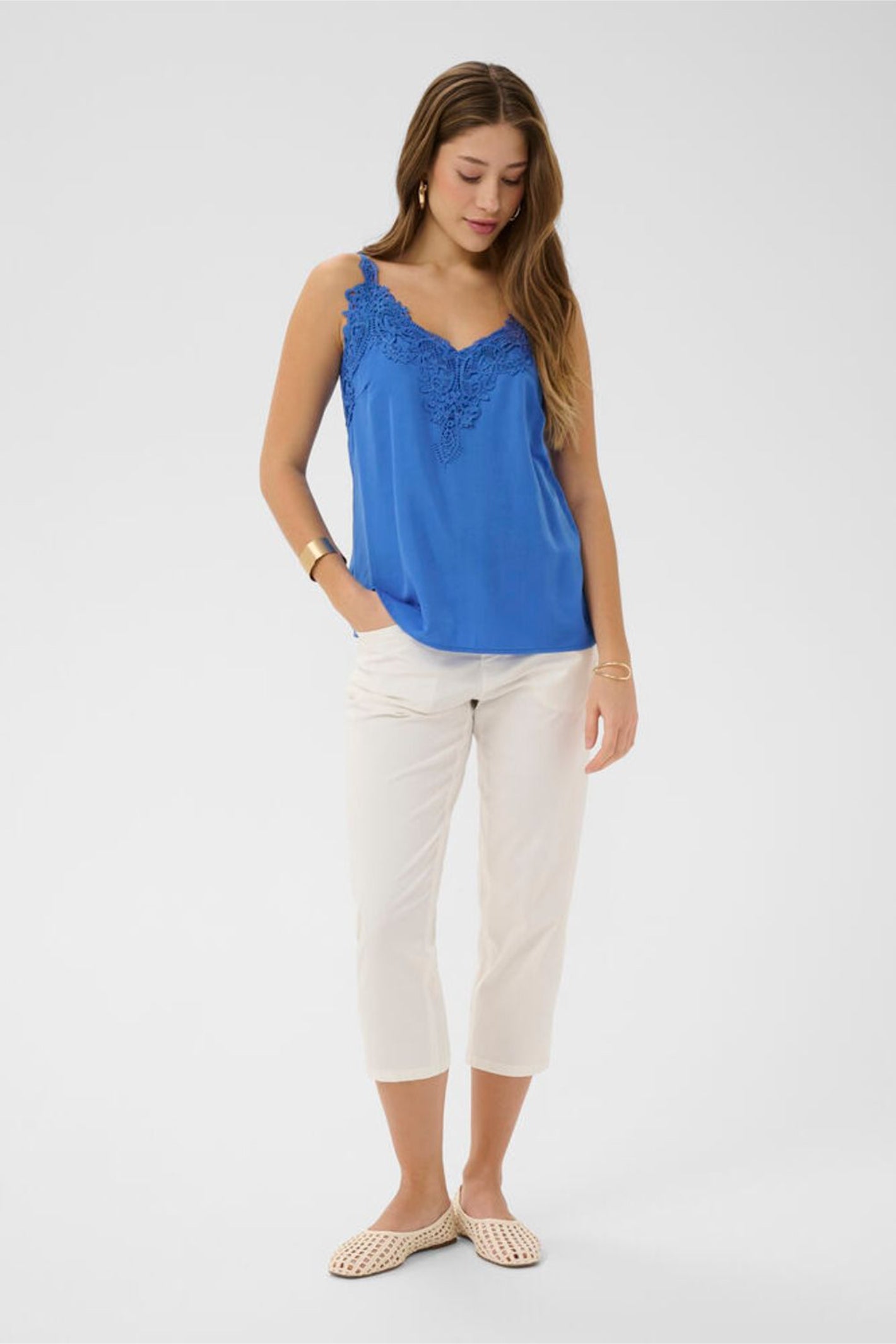 Model wearing Cream 10611224 CRanna Palace Blue Lace Vest Top by Cream, shop the vendor at Dotique, full body view