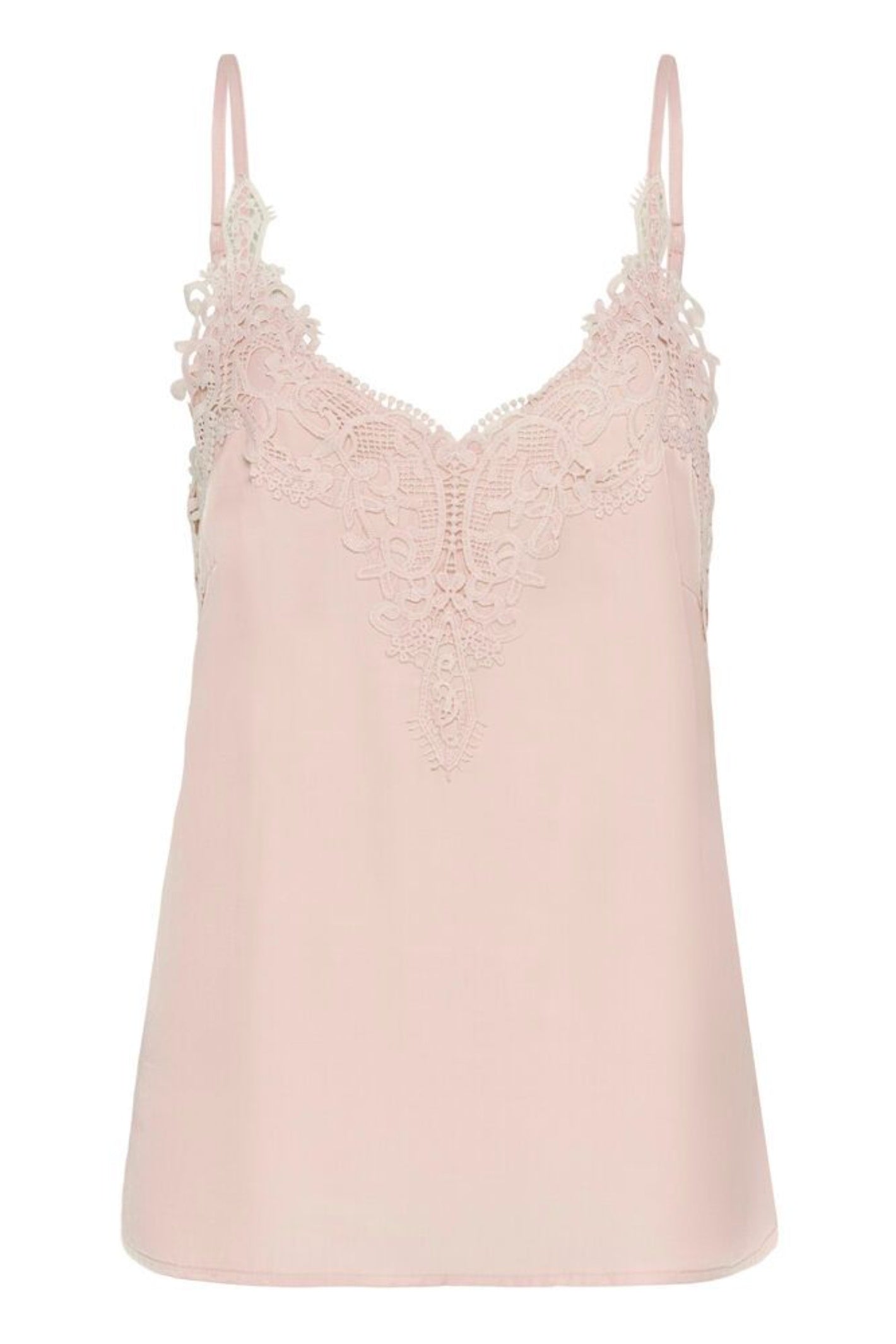 Cream 10611224 CRanna Peach Blush Lace Vest Top by Cream with lace detail, shop the vendor at Dotique front view isolated