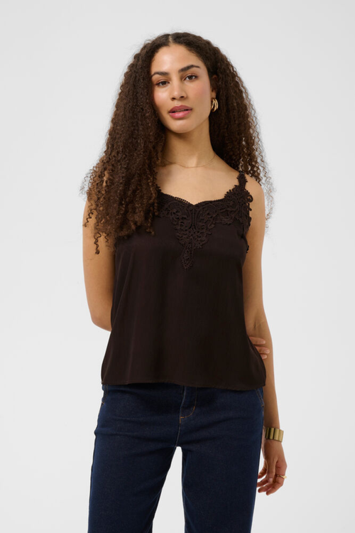 Cream CRAnna lace trim camisole top in Java brown with adjustable straps and crochet lace neckline.