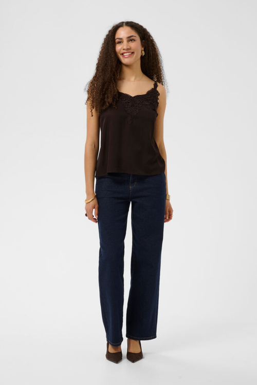 Cream CRAnna lace trim camisole top in Java brown with adjustable straps and crochet lace neckline.