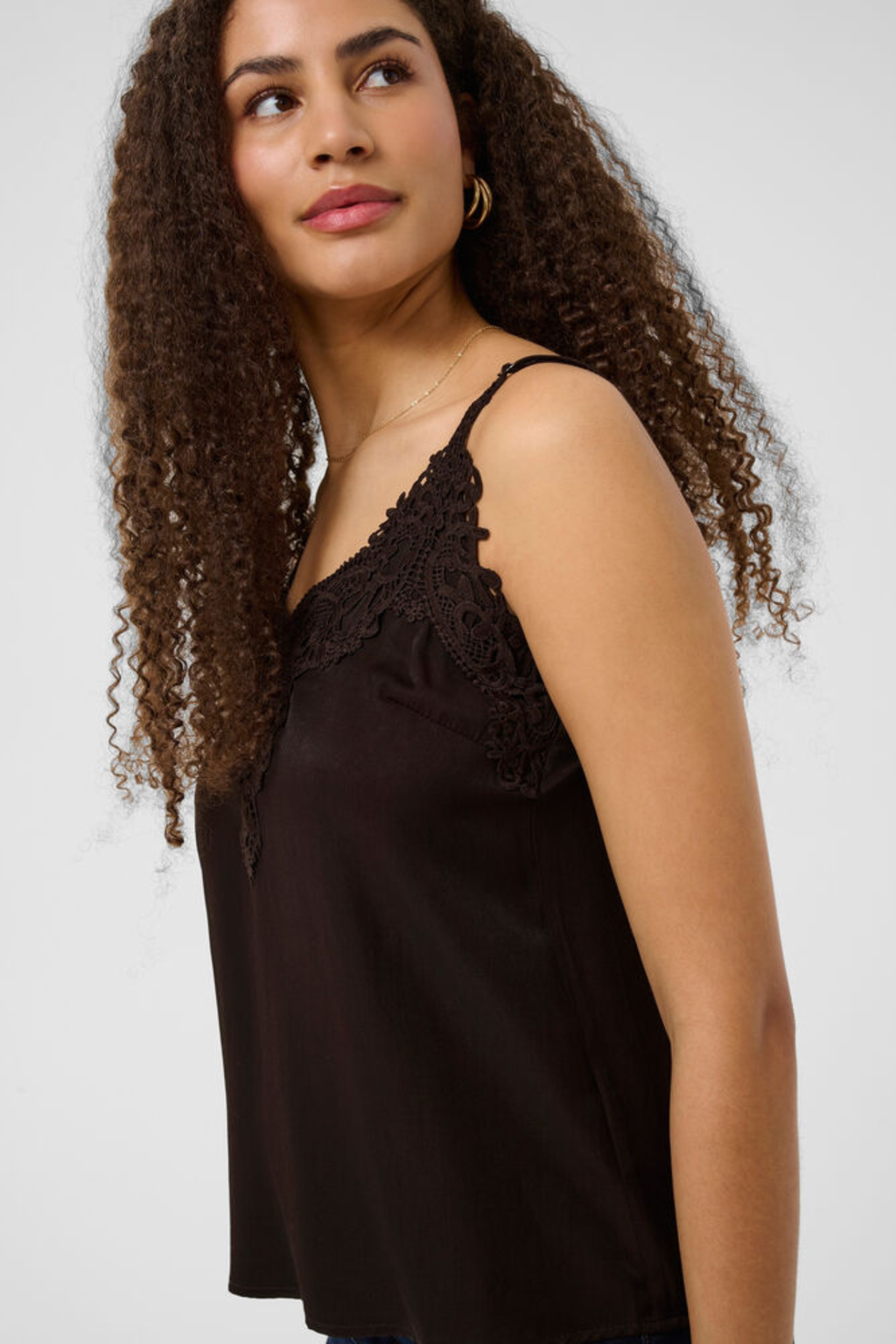 Cream CRAnna lace trim camisole top in Java brown with adjustable straps and crochet lace neckline.