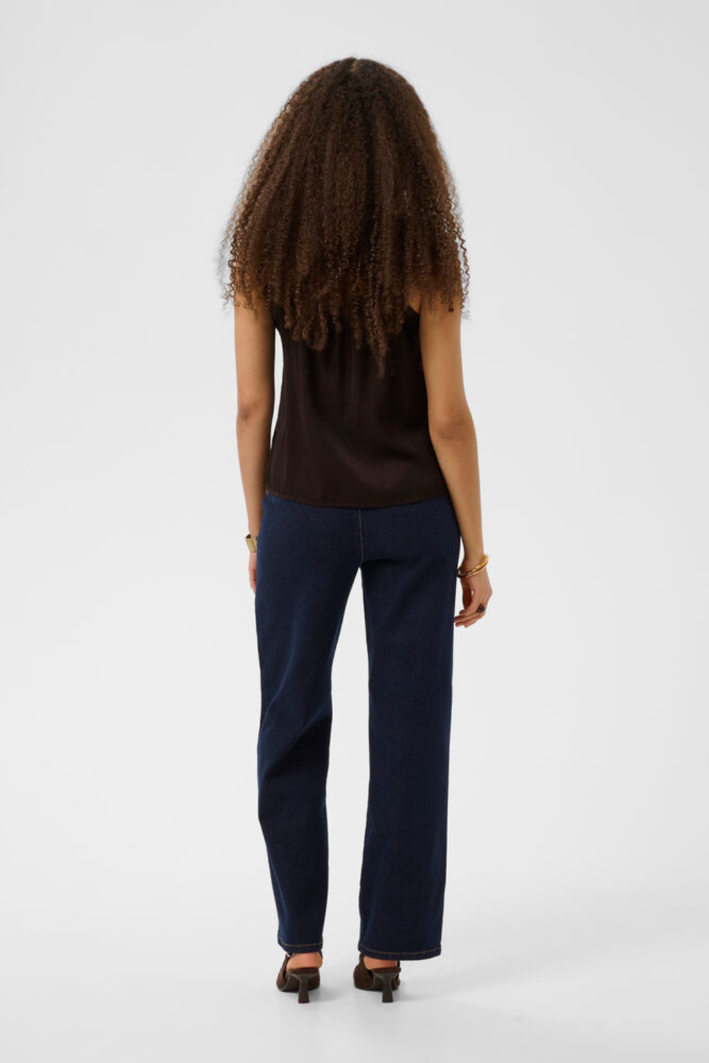 Cream CRAnna lace trim camisole top in Java brown with adjustable straps and crochet lace neckline.
