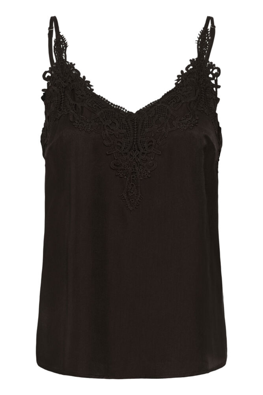 Cream CRAnna lace trim camisole top in Java brown with adjustable straps and crochet lace neckline.