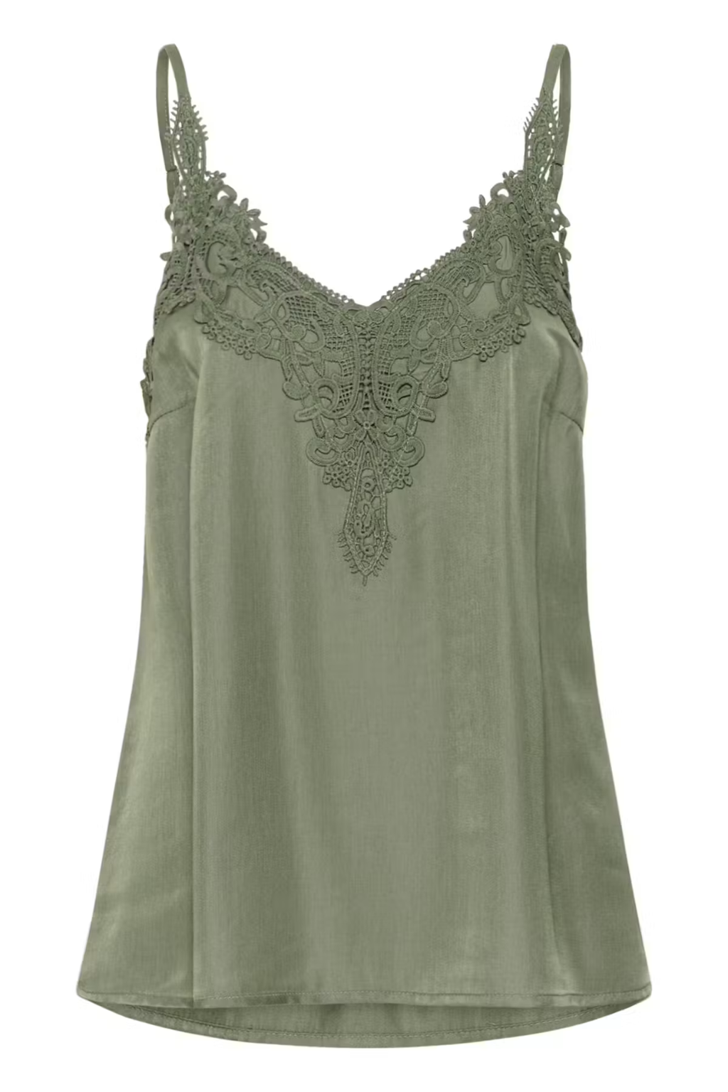 Shop the Cream CRAnna Top in Java at Dotique. A lace-trim V-neck cami with adjustable straps and a flattering fit, perfect for layering or wearing alone.