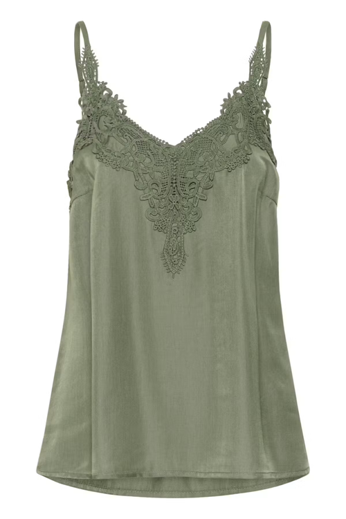 Shop the Cream CRAnna Top in Java at Dotique. A lace-trim V-neck cami with adjustable straps and a flattering fit, perfect for layering or wearing alone.