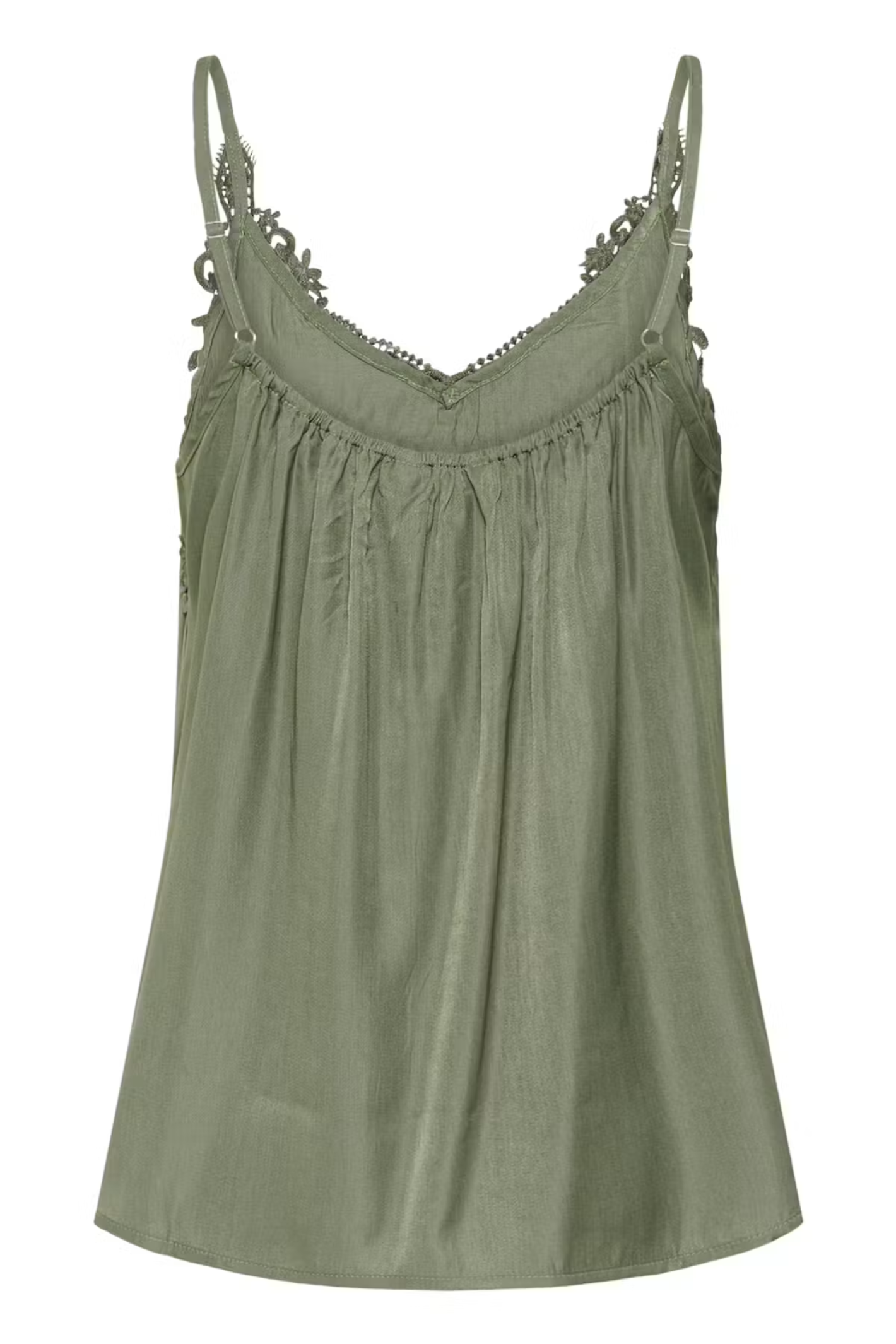 Shop the Cream CRAnna Top in Java at Dotique. A lace-trim V-neck cami with adjustable straps and a flattering fit, perfect for layering or wearing alone.