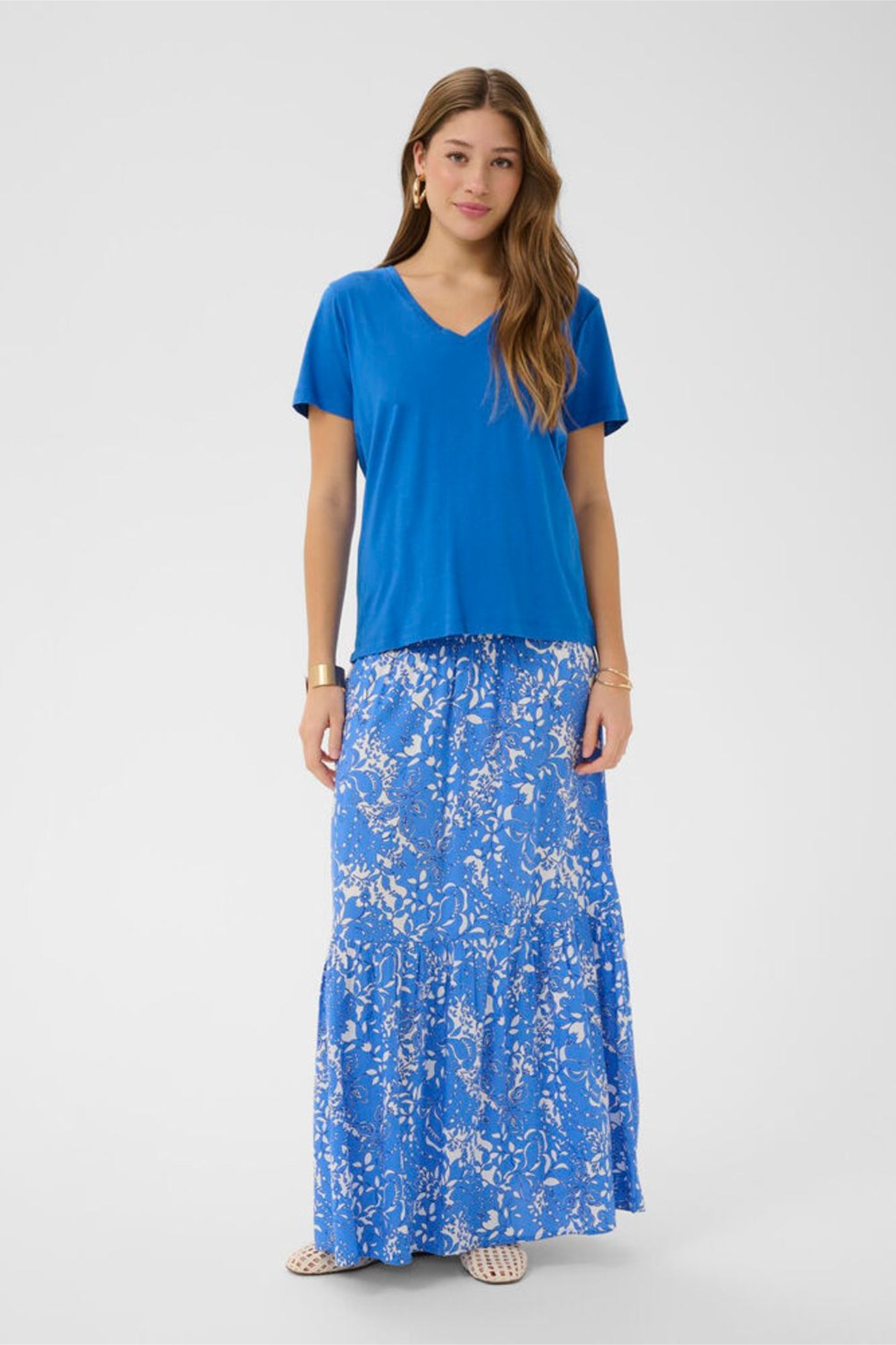 Model wearing Cream 10612450 CRNaia Deep V-neck T-shirt Palace Blue by Cream, shop the vendor at Dotique front view full length