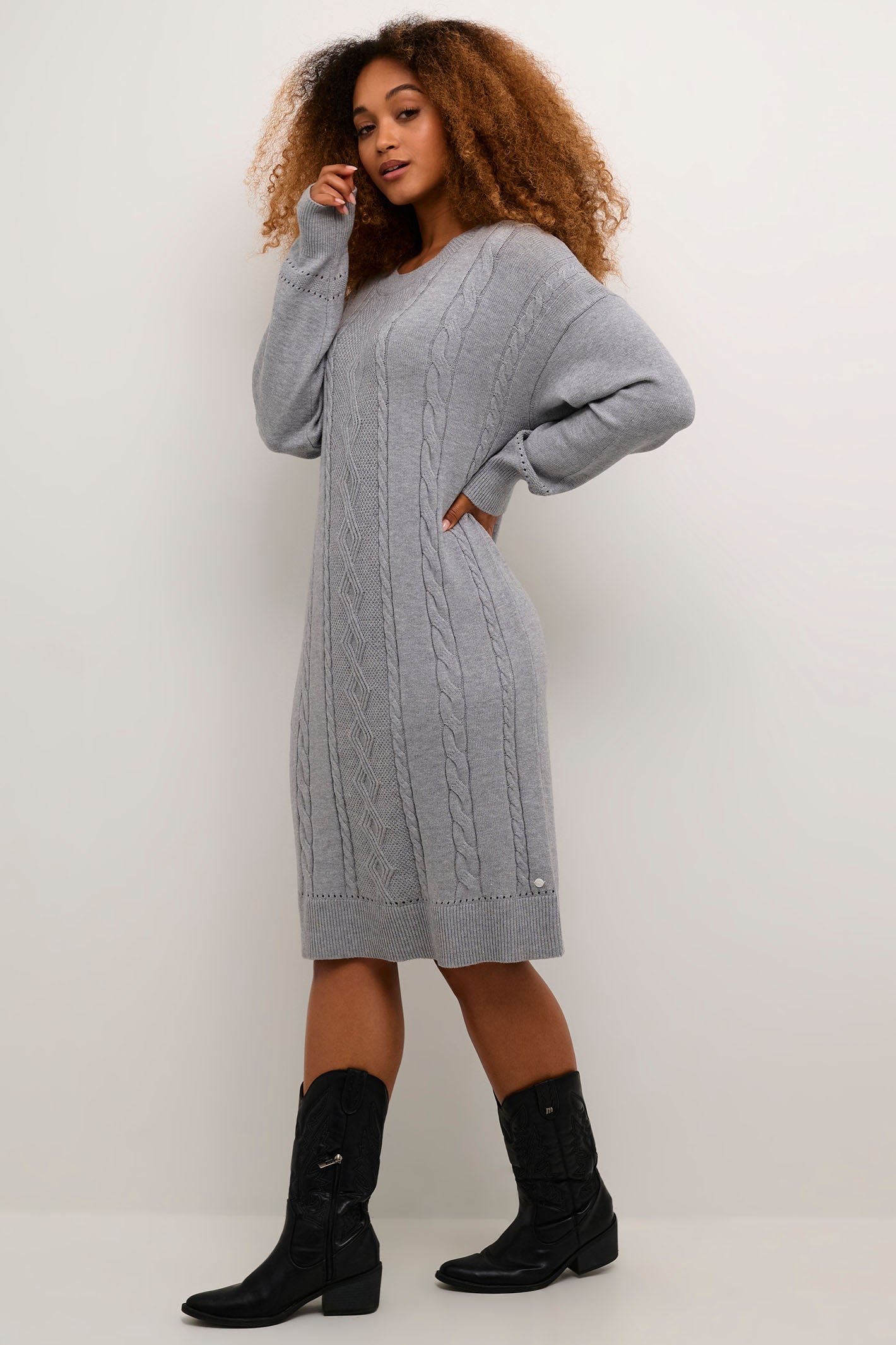 Cream 10612876 CRDela Cable Knit Dress Grey Melange Dotique