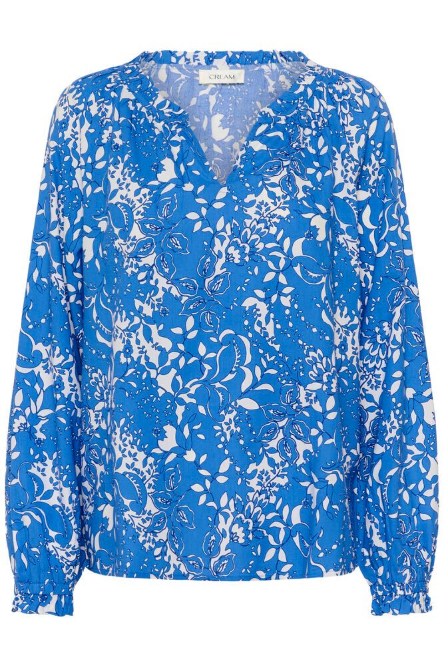Cream 10613577 CRTiah Boho Blouse Blue Toile by Cream with floral print, shop the vendor at Dotique front view isolated