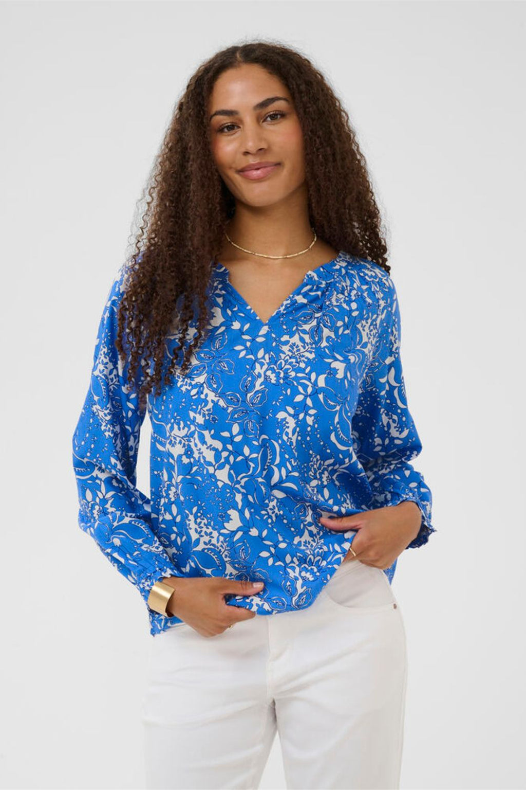 Model wearing Cream 10613577 CRTiah Boho Blouse Blue Toile by Cream, shop the vendor at Dotique front view isolated