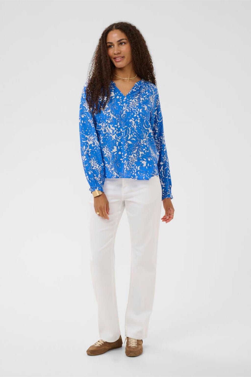 Model wearing Cream 10613577 CRTiah Boho Blouse Blue Toile by Cream, shop the vendor at Dotique front view full-length