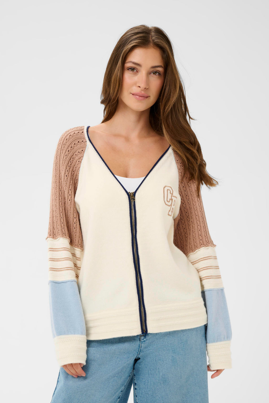 Front view of model wearing Cream CRPura Knit Jacket Whisper White 10614765 by Cream, shop the vendor at Dotique