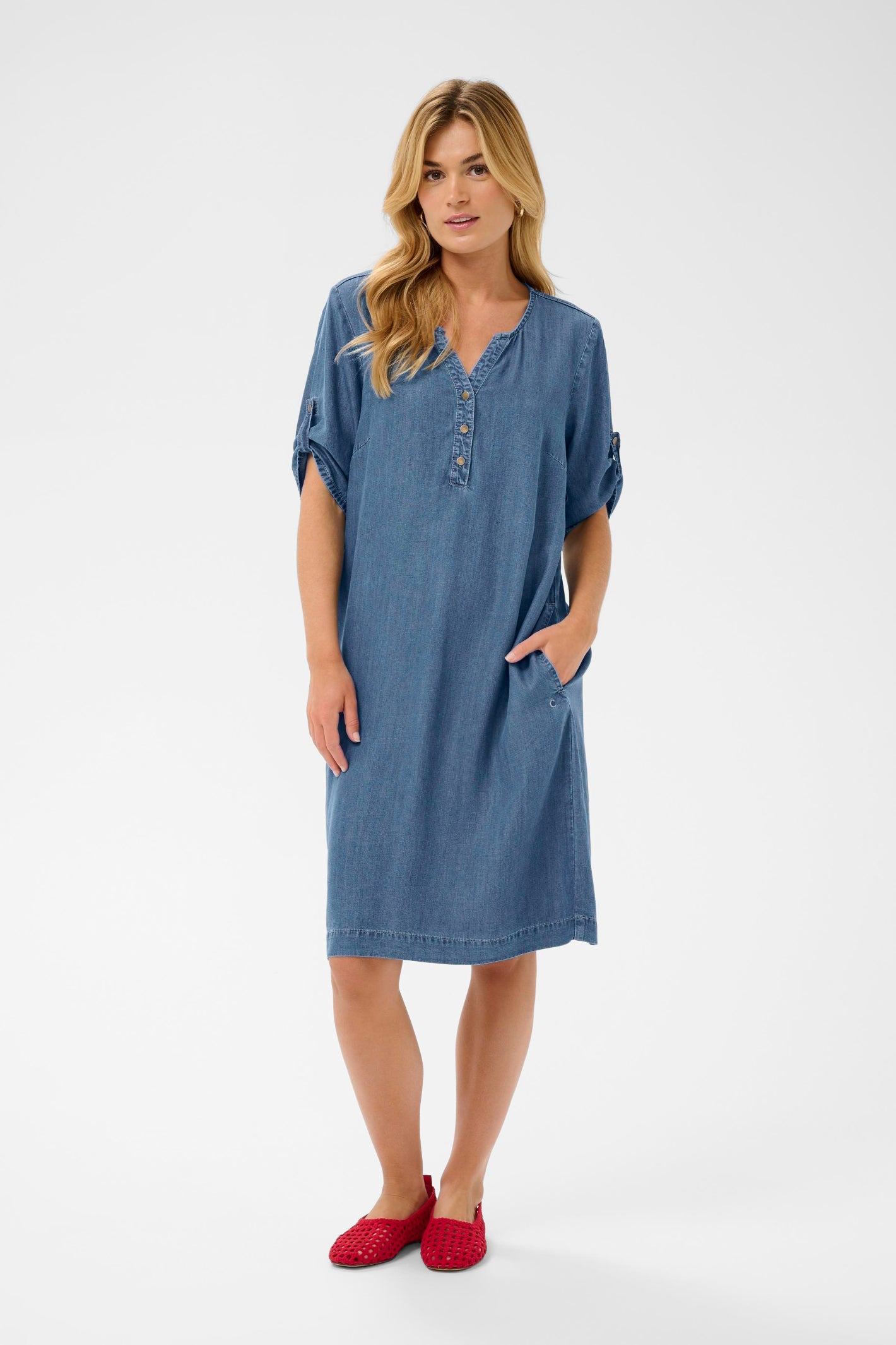 Model wearing Cream 10614841 CRMolly Dress Jaspar Blue Denim by Cream, shop the vendor at Dotique