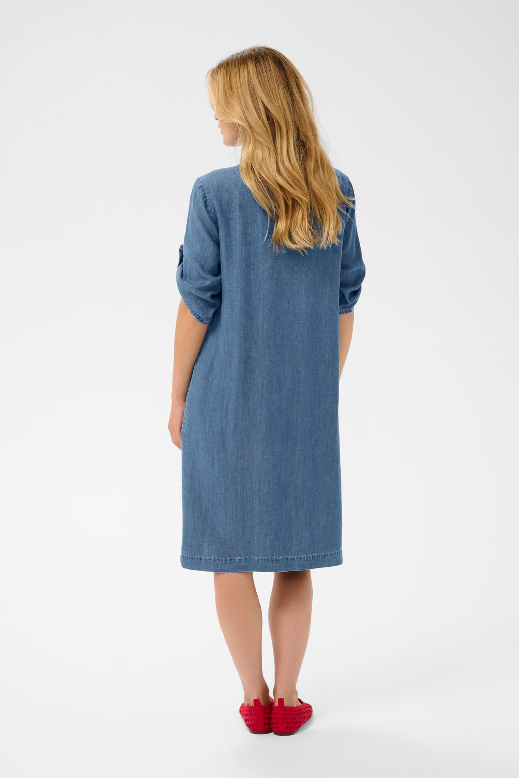 Back view of model wearing Cream 10614841 CRMolly Dress Jaspar Blue Denim by Cream, shop the vendor at Dotique