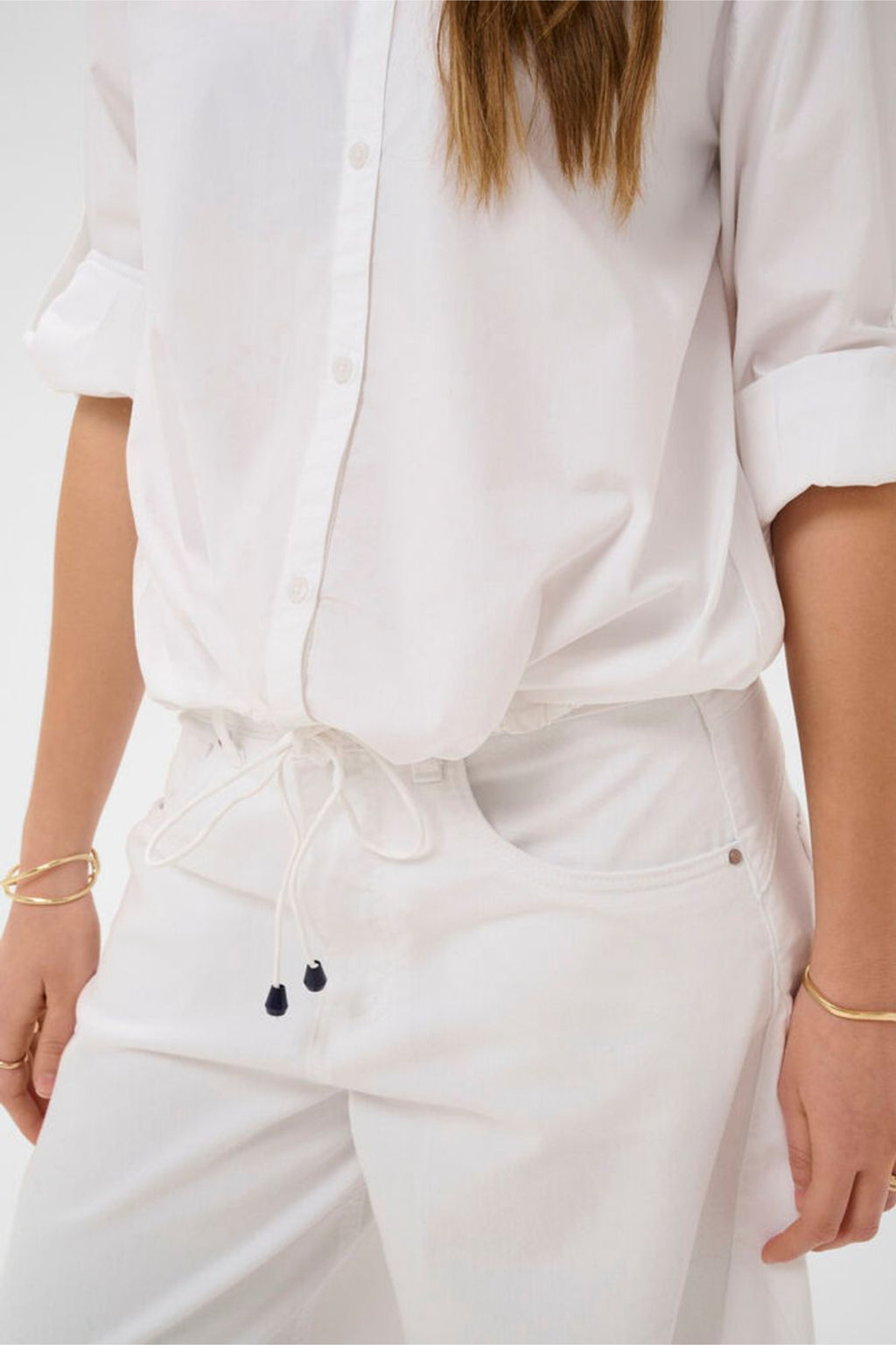 Close-up of model wearing Cream 10614892 CREstela Short Shirt Snow White with Blue by Cream, shop the vendor at Dotique