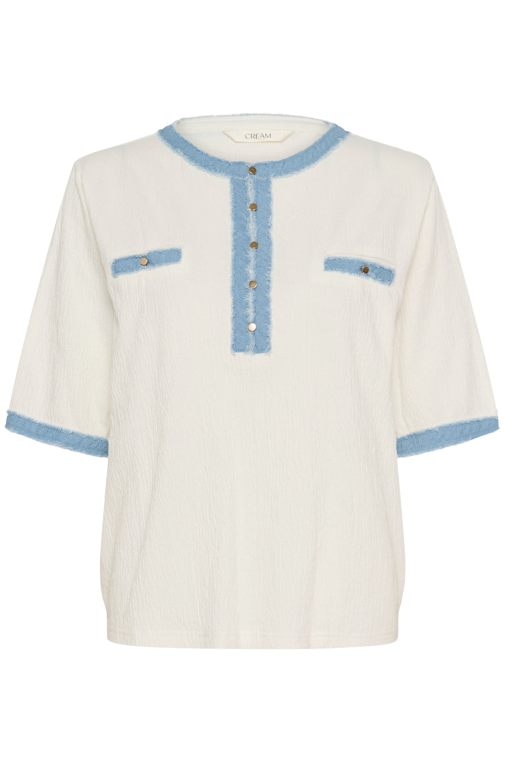 Front view of Cream 10614950 CRKatti T-Shirt Snow White with blue trim by Cream, shop the Cream Clothing at Dotique