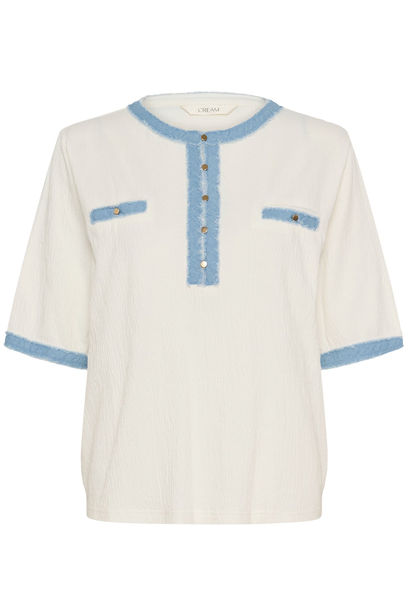 Front view of Cream 10614950 CRKatti T-Shirt Snow White with blue trim by Cream, shop the Cream Clothing at Dotique