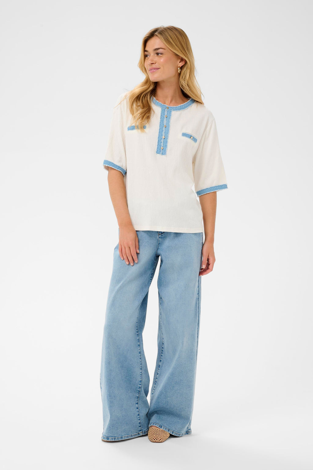 Model wearing Cream 10614950 CRKatti T-Shirt Snow White with blue trim by Cream, shop the vendor at Dotique