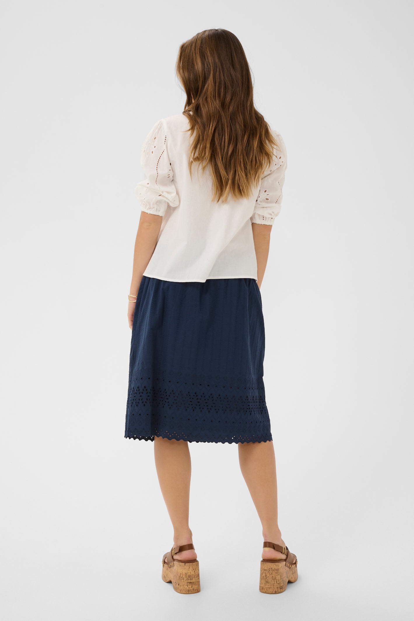 Back view of Cream 10614961 CRSigne Blouse Snow White with broderie anglaise sleeves by Cream Shop at Dotique