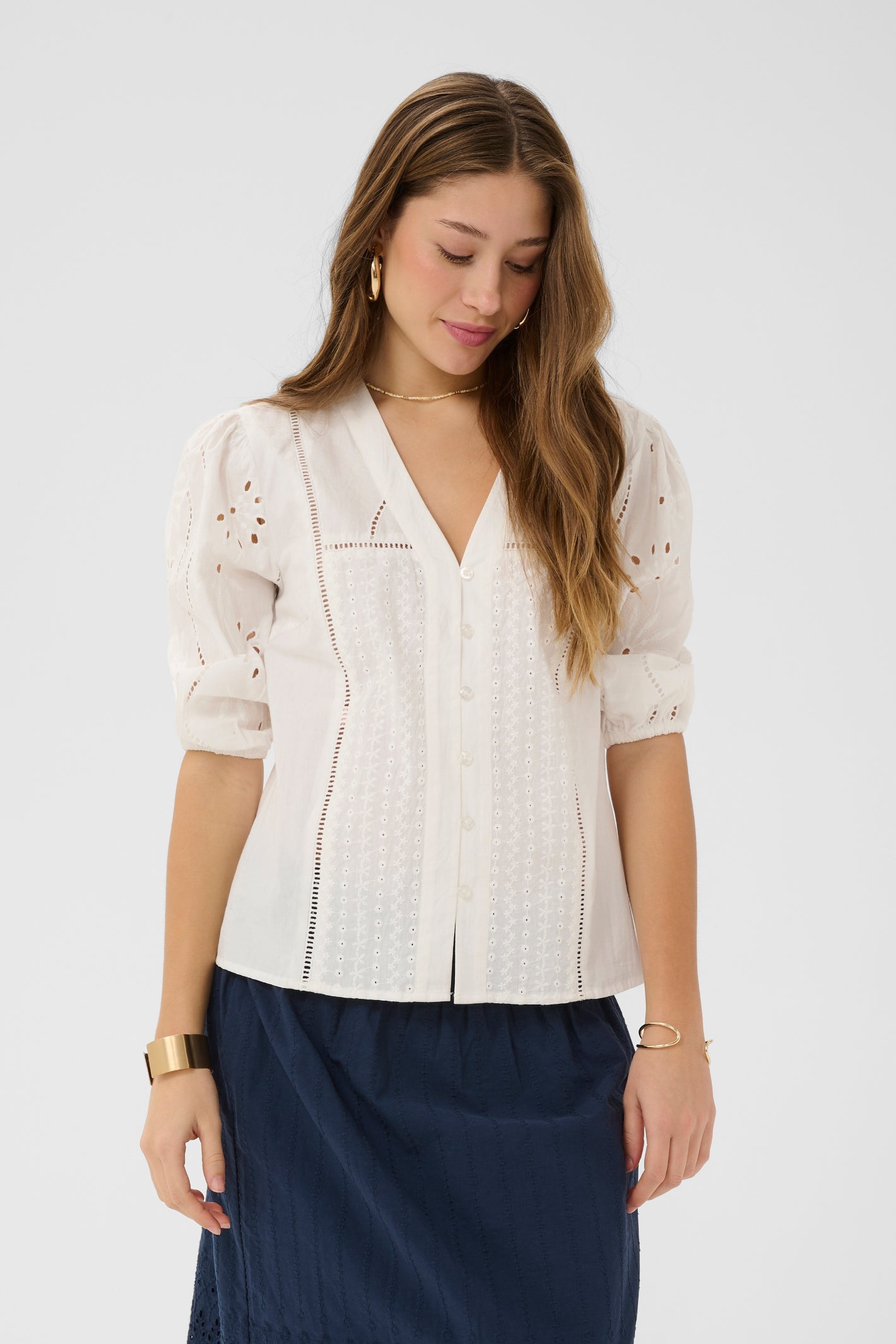 Woman wearing Cream 10614961 CRSigne Blouse Snow White by Cream, shop the Cream collection at Dotique.