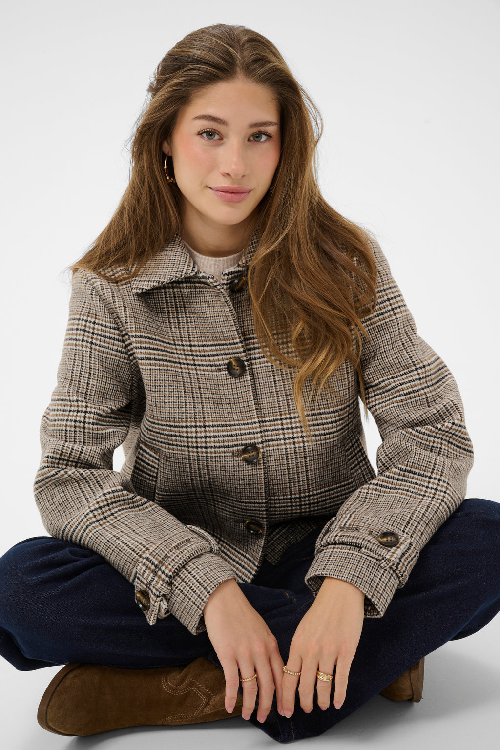 Shop the Cream CRGeorg Short Coat in Grey Check at Dotique. A timeless checked jacket with a straight fit, soft wool blend and versatile hip-length silhouette.