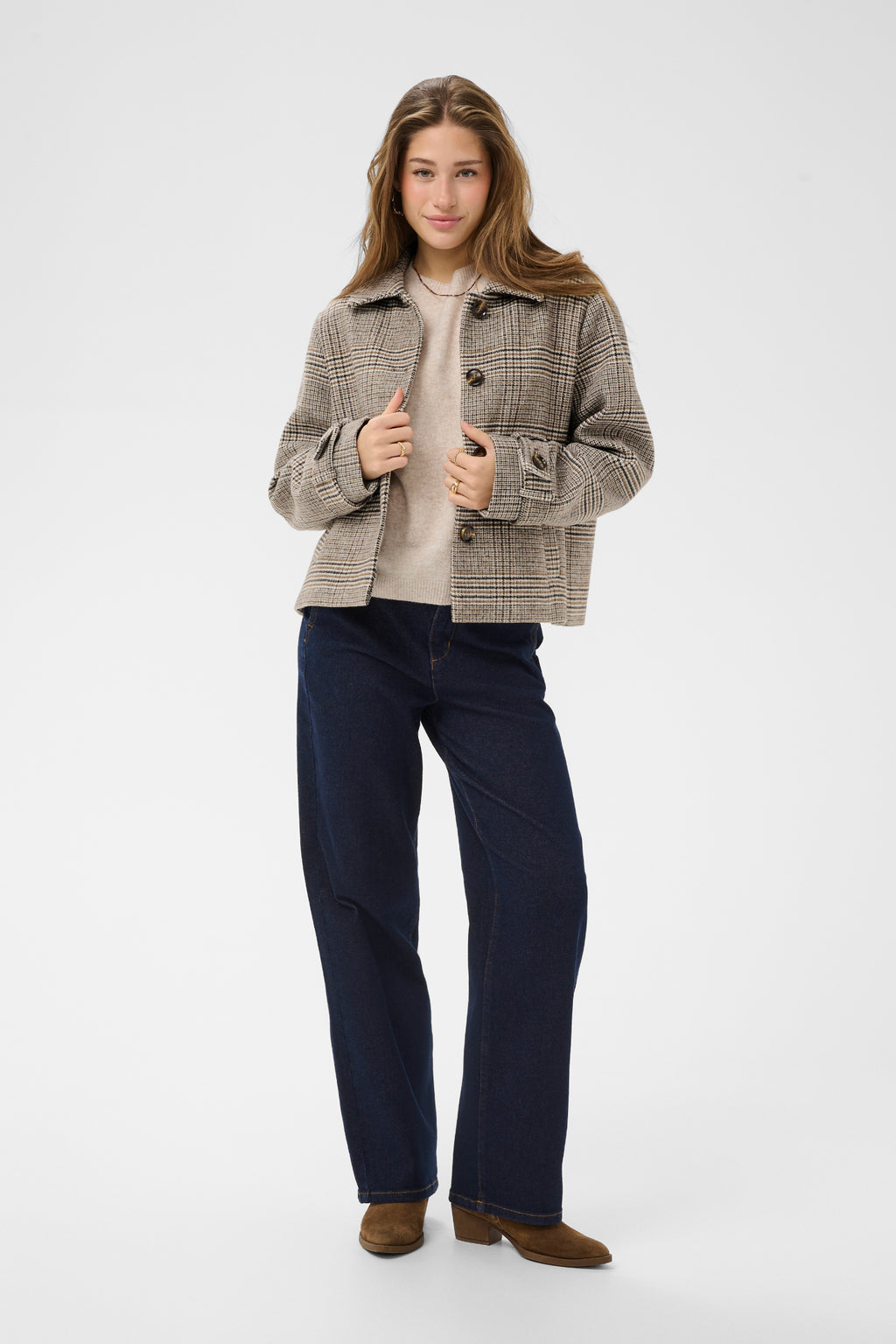 Shop the Cream CRGeorg Short Coat in Grey Check at Dotique. A timeless checked jacket with a straight fit, soft wool blend and versatile hip-length silhouette.