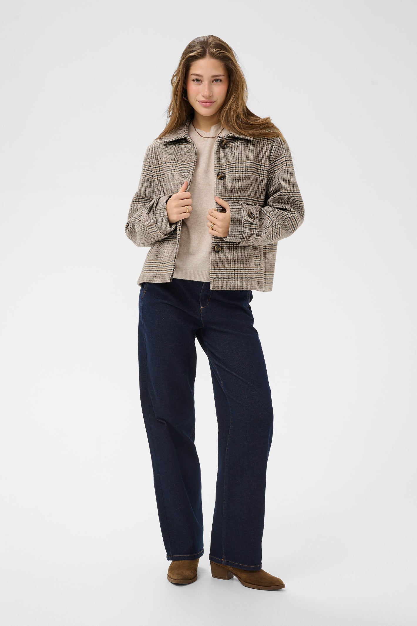 Shop the Cream CRGeorg Short Coat in Grey Check at Dotique. A timeless checked jacket with a straight fit, soft wool blend and versatile hip-length silhouette.
