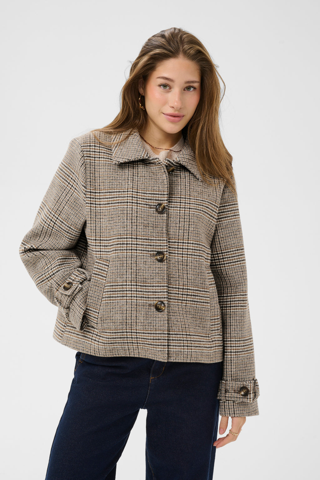 Shop the Cream CRGeorg Short Coat in Grey Check at Dotique. A timeless checked jacket with a straight fit, soft wool blend and versatile hip-length silhouette.