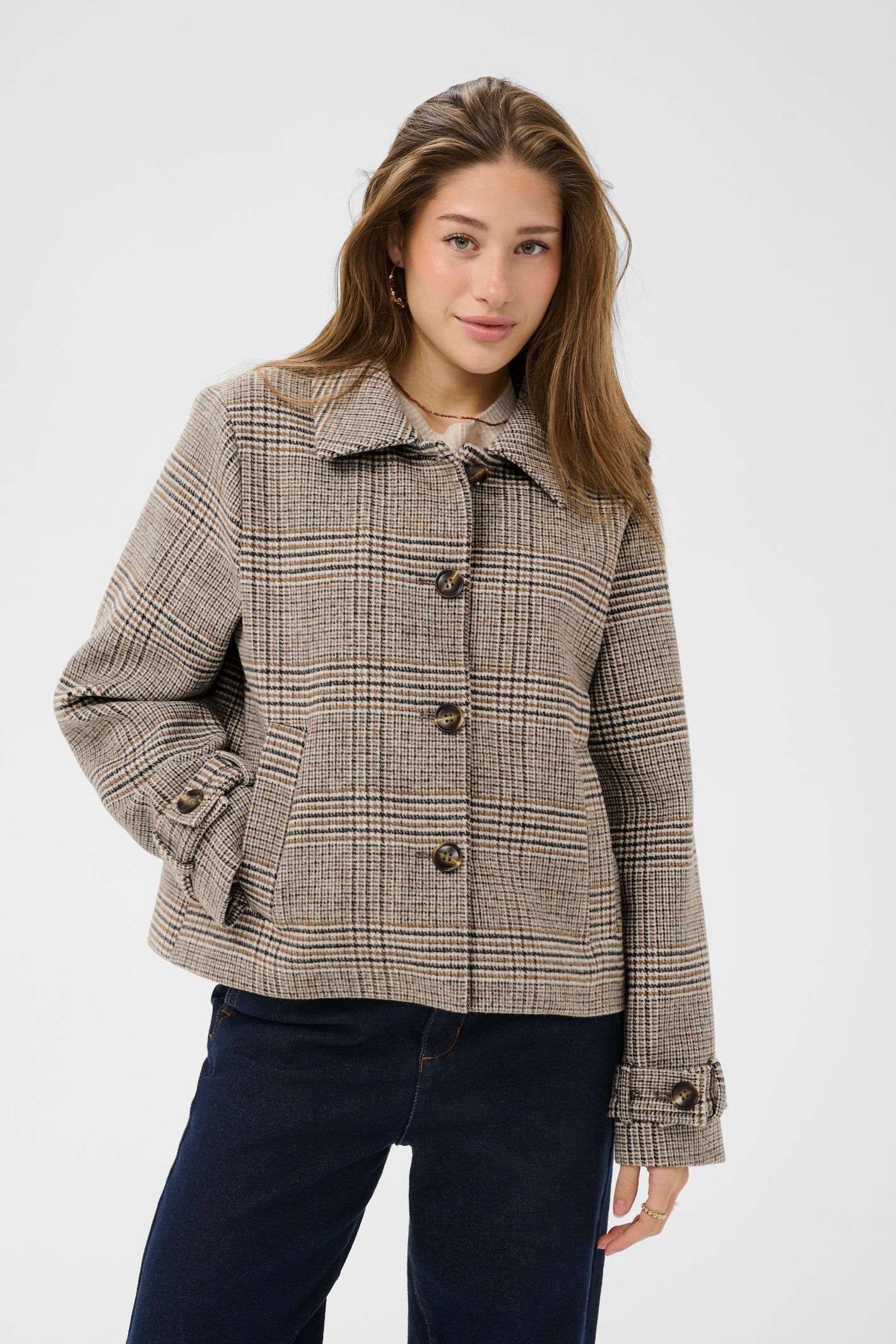 Shop the Cream CRGeorg Short Coat in Grey Check at Dotique. A timeless checked jacket with a straight fit, soft wool blend and versatile hip-length silhouette.