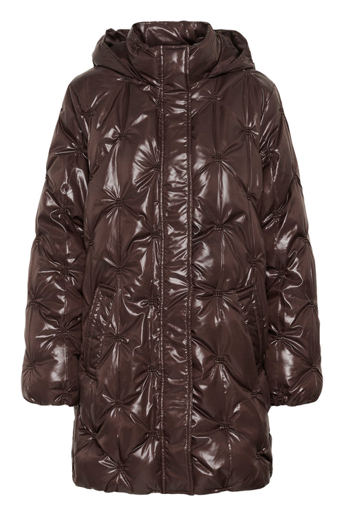 Cream CRDrakie midi quilted jacket in Coffee Bean with a gathered quilted finish, hood, high collar and concealed front fastening.