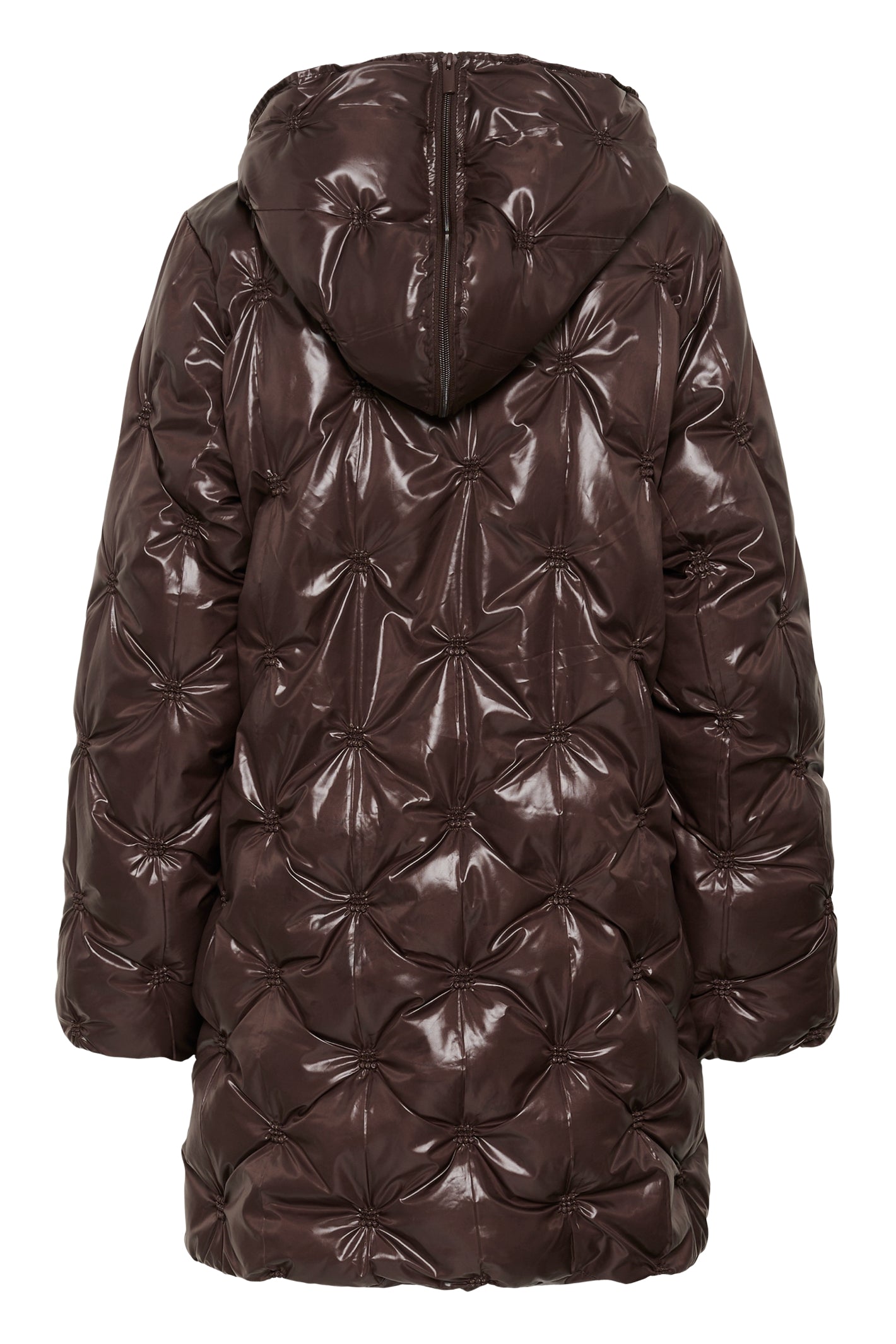 Cream CRDrakie midi quilted jacket in Coffee Bean with a gathered quilted finish, hood, high collar and concealed front fastening.