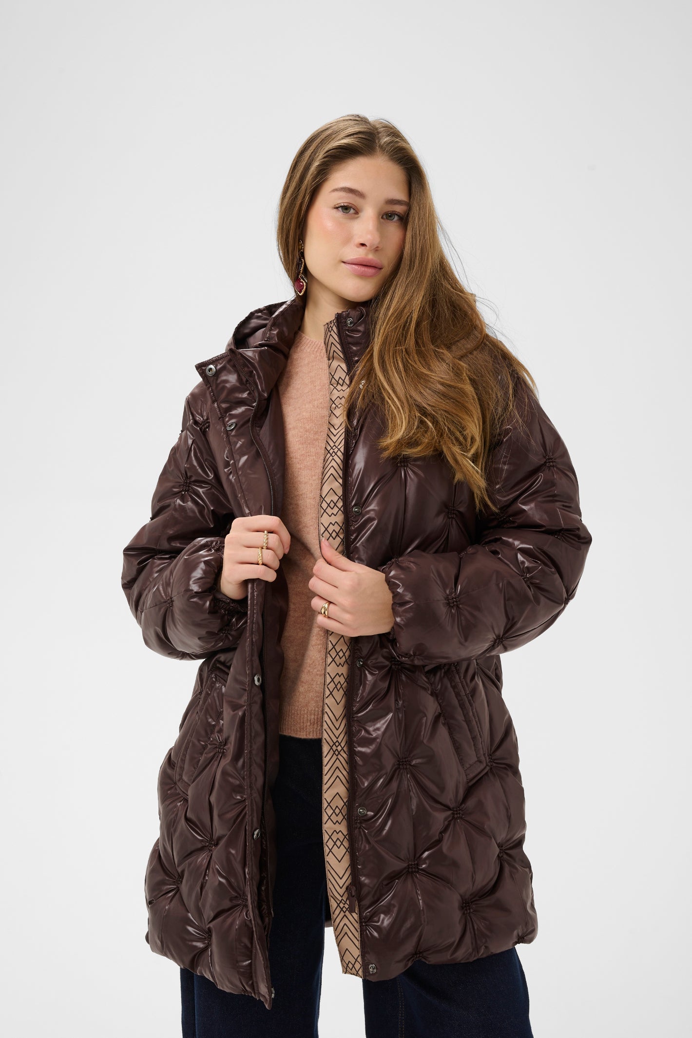 Cream CRDrakie midi quilted jacket in Coffee Bean with a gathered quilted finish, hood, high collar and concealed front fastening.