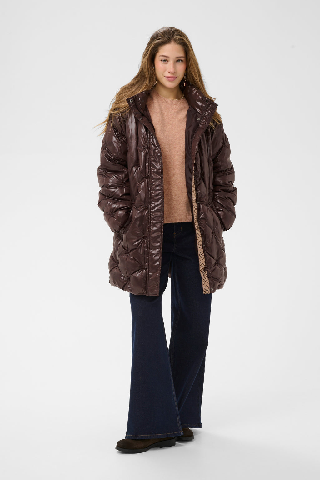 Cream CRDrakie midi quilted jacket in Coffee Bean with a gathered quilted finish, hood, high collar and concealed front fastening.