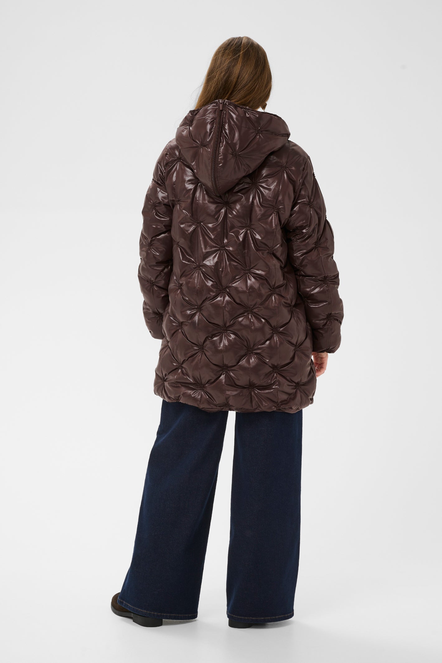 Cream CRDrakie midi quilted jacket in Coffee Bean with a gathered quilted finish, hood, high collar and concealed front fastening.