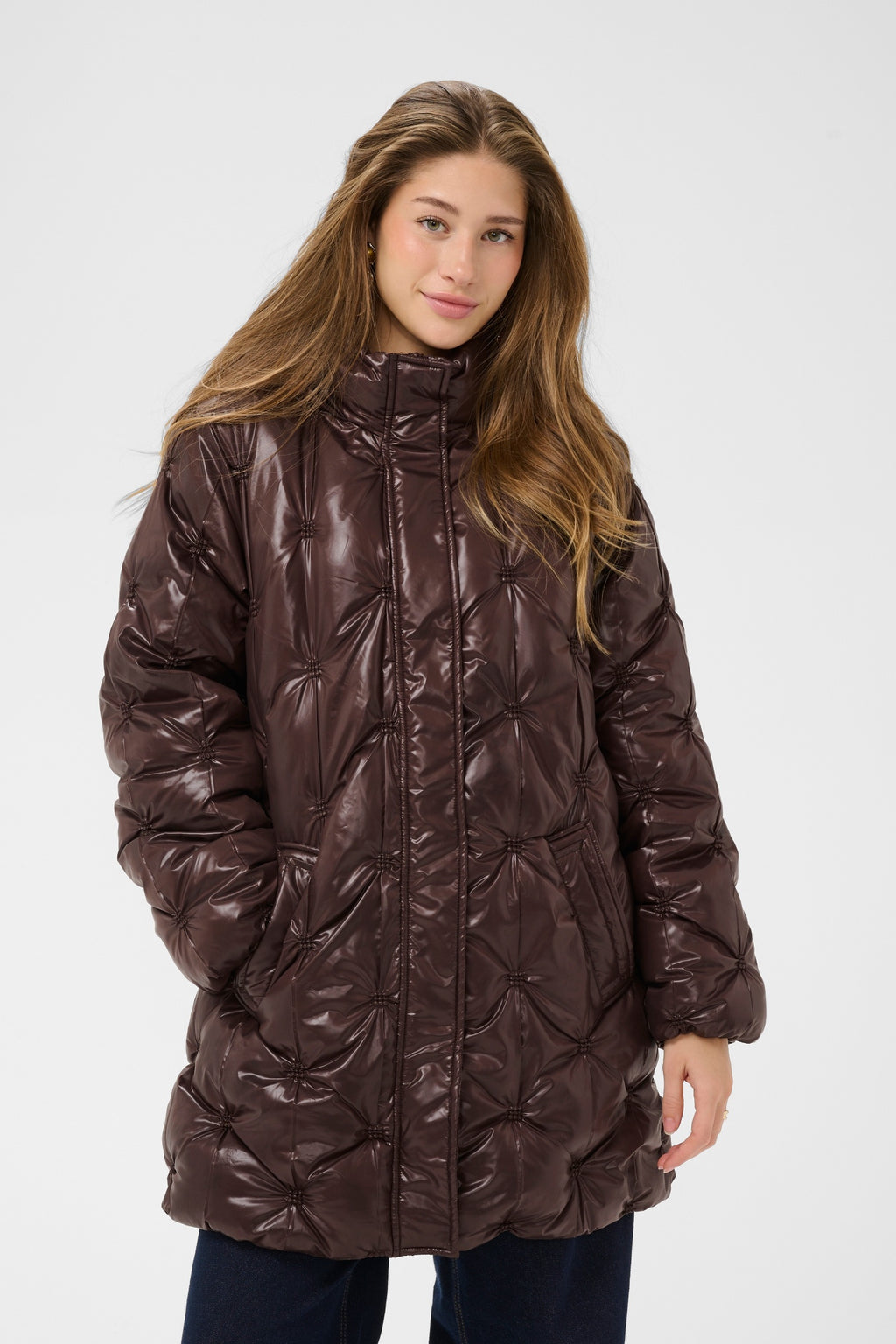 Cream CRDrakie midi quilted jacket in Coffee Bean with a gathered quilted finish, hood, high collar and concealed front fastening.