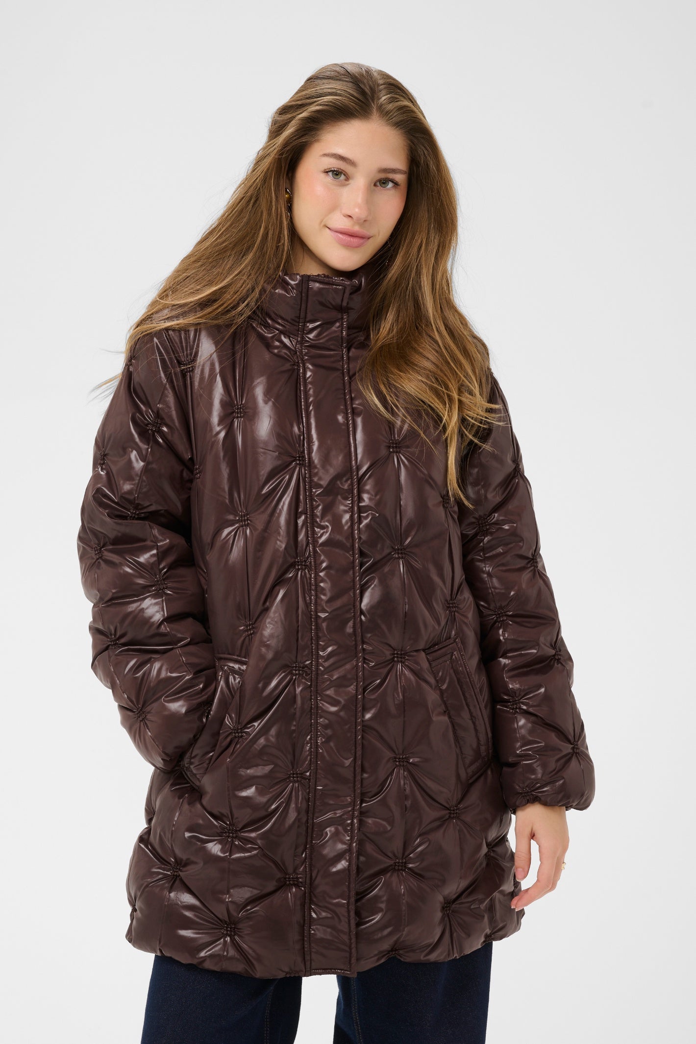 Cream CRDrakie midi quilted jacket in Coffee Bean with a gathered quilted finish, hood, high collar and concealed front fastening.