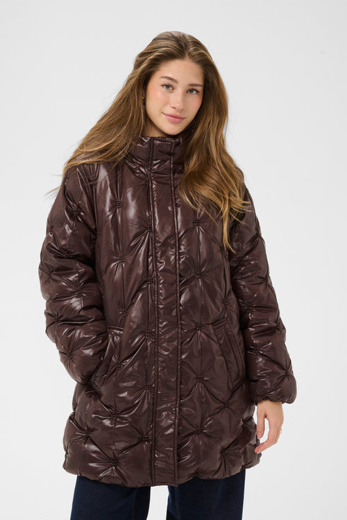 Cream CRDrakie midi quilted jacket in Coffee Bean with a gathered quilted finish, hood, high collar and concealed front fastening.