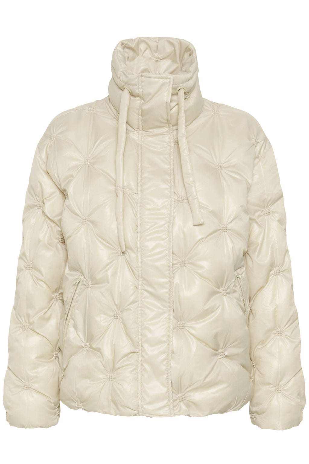Cream CRDrakie quilted short jacket in Oatmeal featuring a gathered quilted design, hood, high collar and zip fastening.