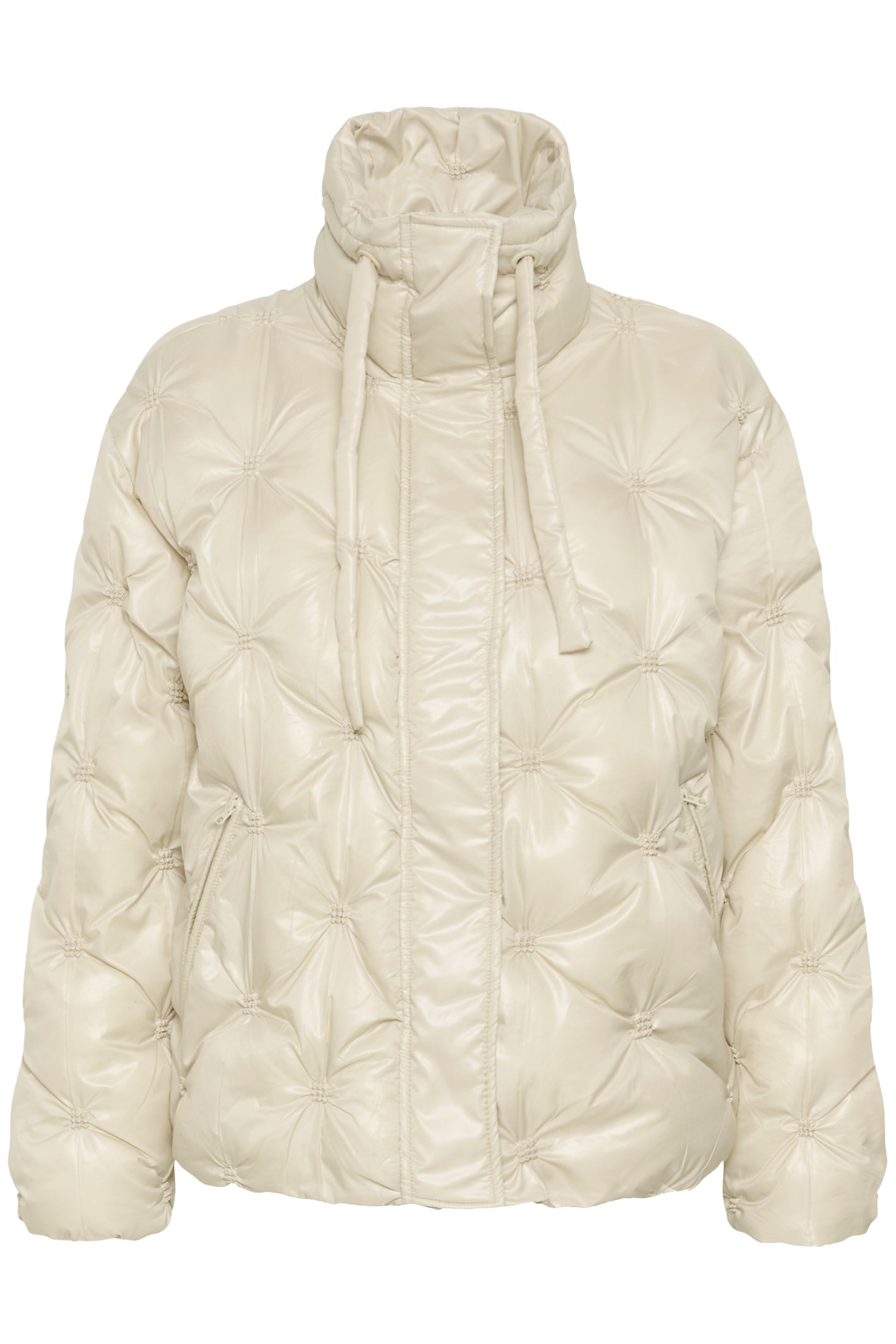 Cream CRDrakie quilted short jacket in Oatmeal featuring a gathered quilted design, hood, high collar and zip fastening.