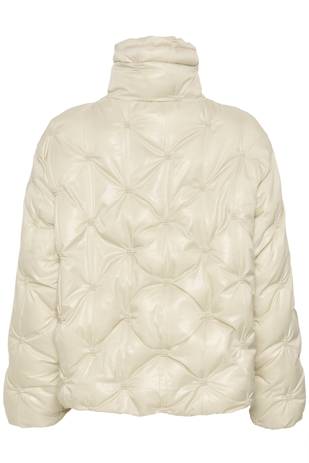Cream CRDrakie quilted short jacket in Oatmeal featuring a gathered quilted design, hood, high collar and zip fastening.
