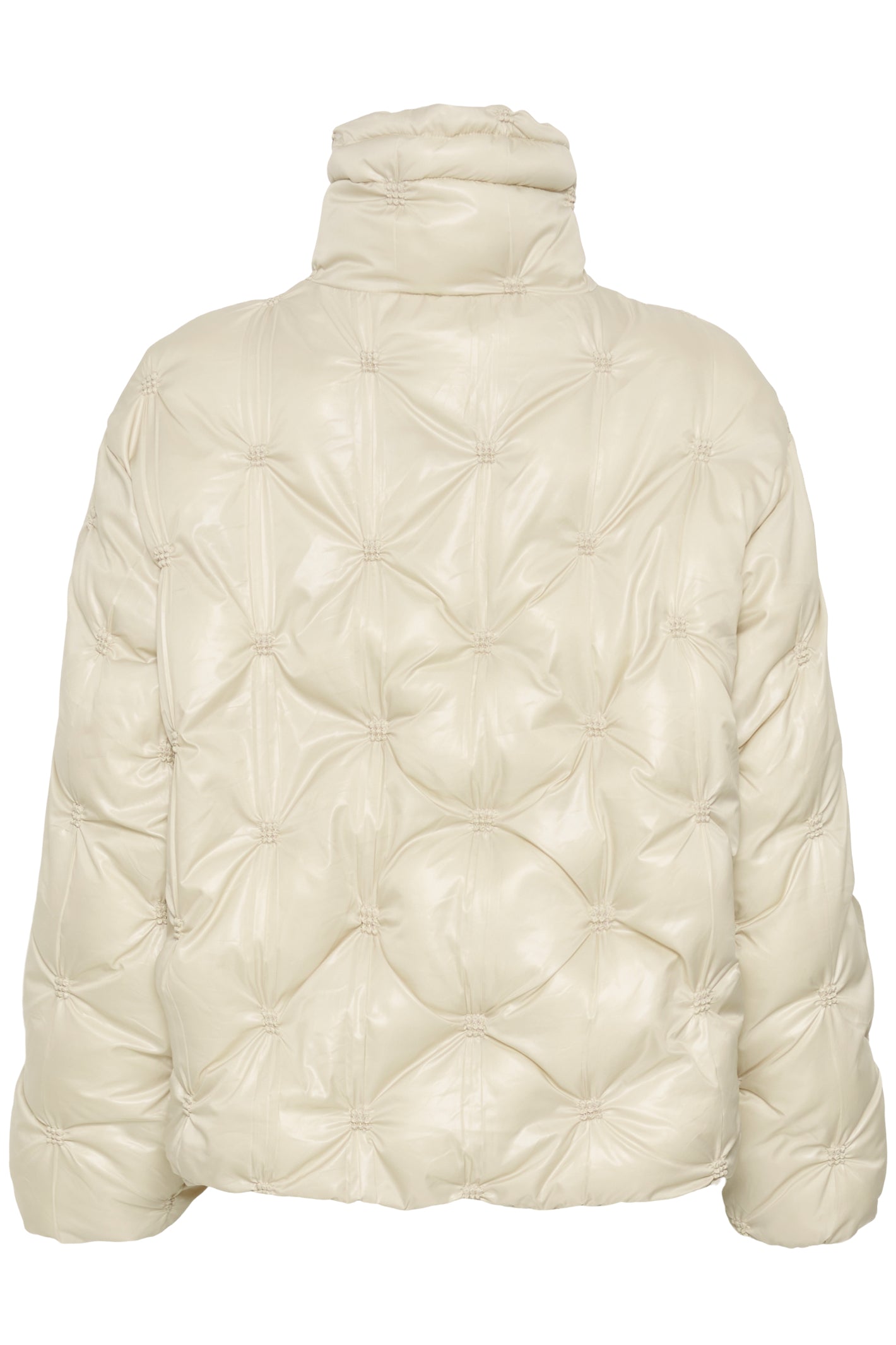 Cream CRDrakie quilted short jacket in Oatmeal featuring a gathered quilted design, hood, high collar and zip fastening.