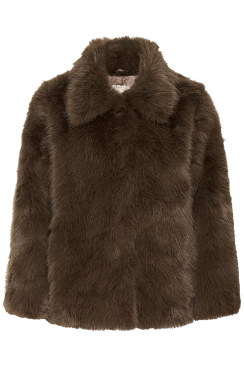 Cream CRDrama faux fur jacket in Shaved Chocolate brown with a relaxed fit, classic collar and concealed front fastening.