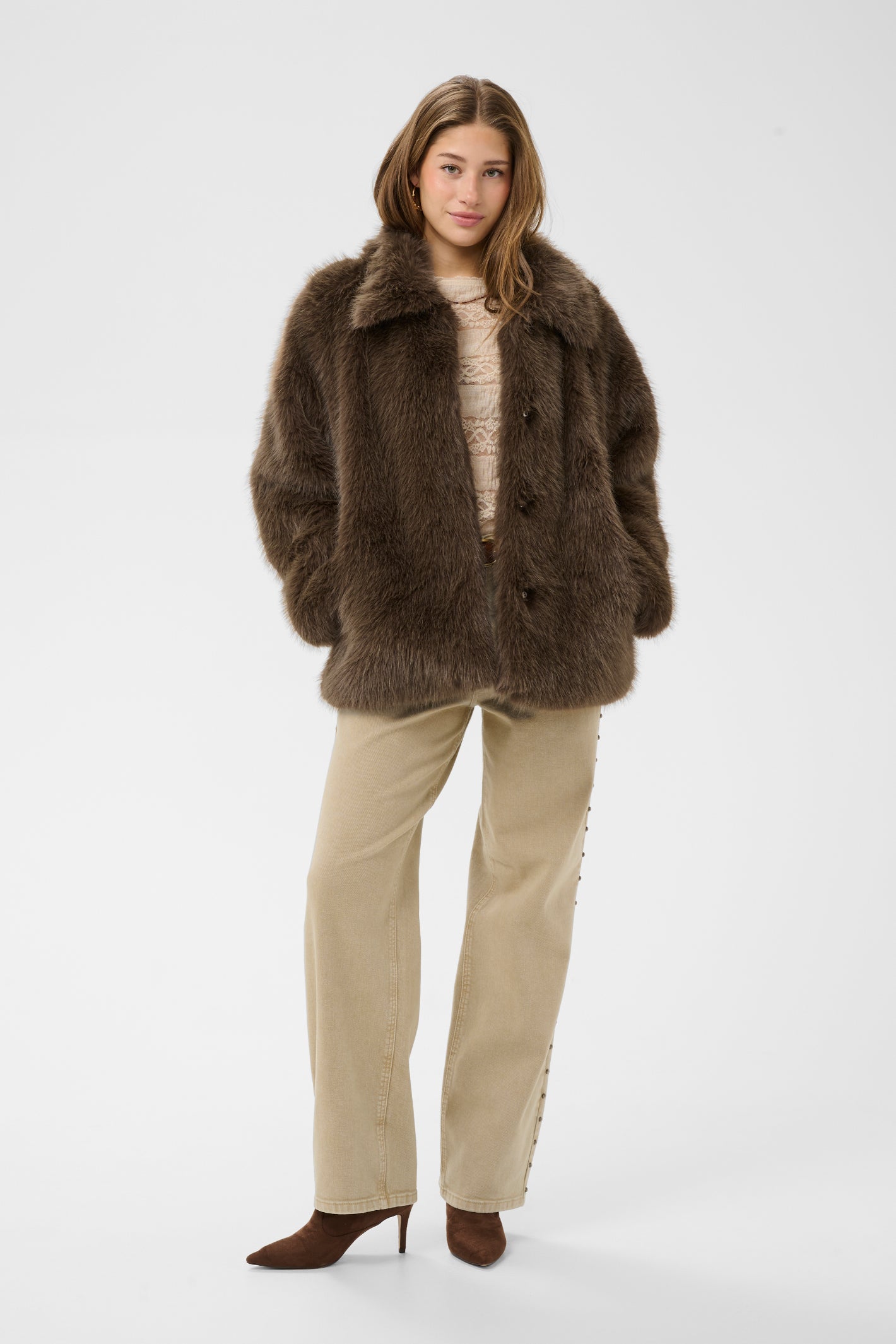 Cream CRDrama faux fur jacket in Shaved Chocolate brown with a relaxed fit, classic collar and concealed front fastening.