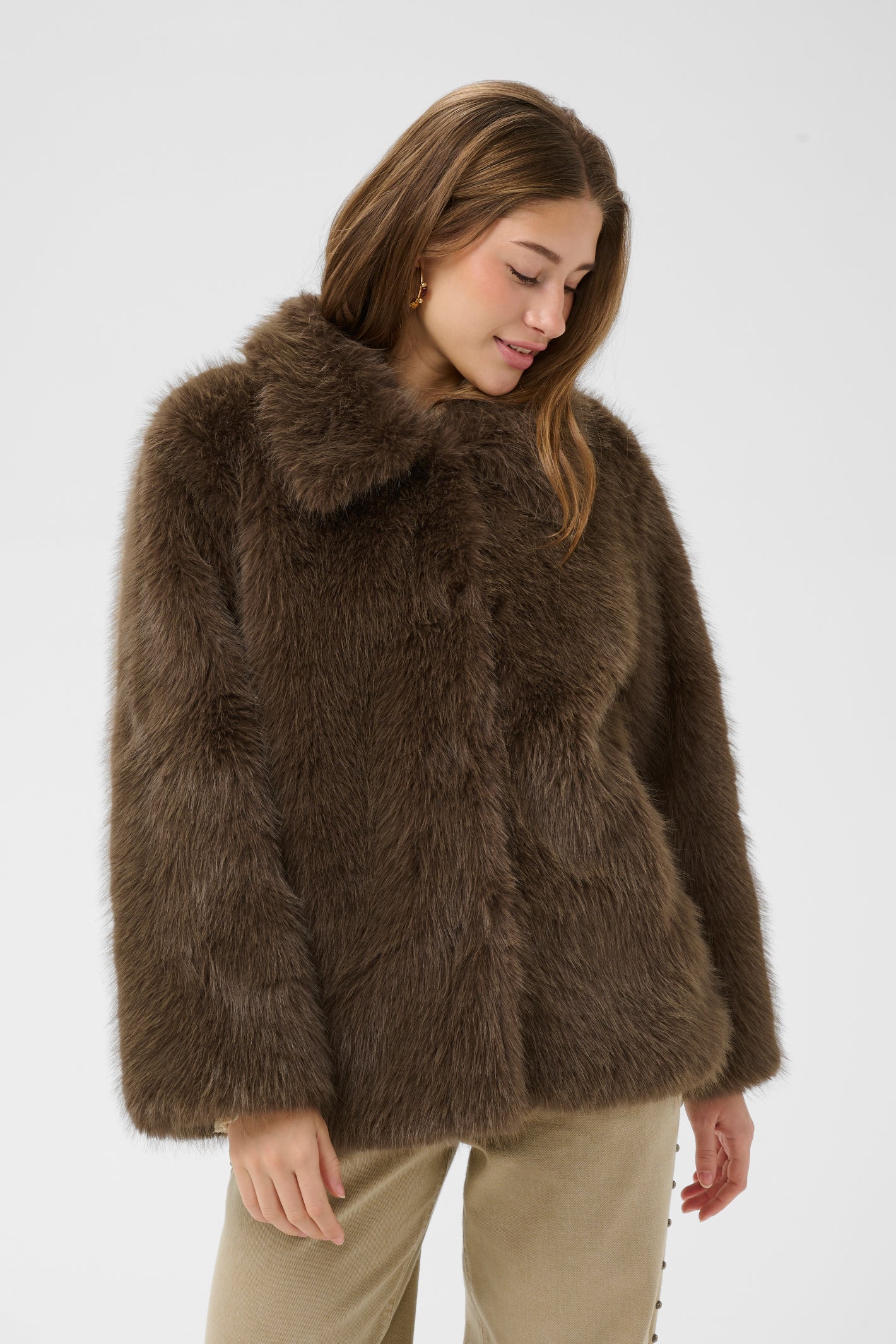Cream CRDrama faux fur jacket in Shaved Chocolate brown with a relaxed fit, classic collar and concealed front fastening.